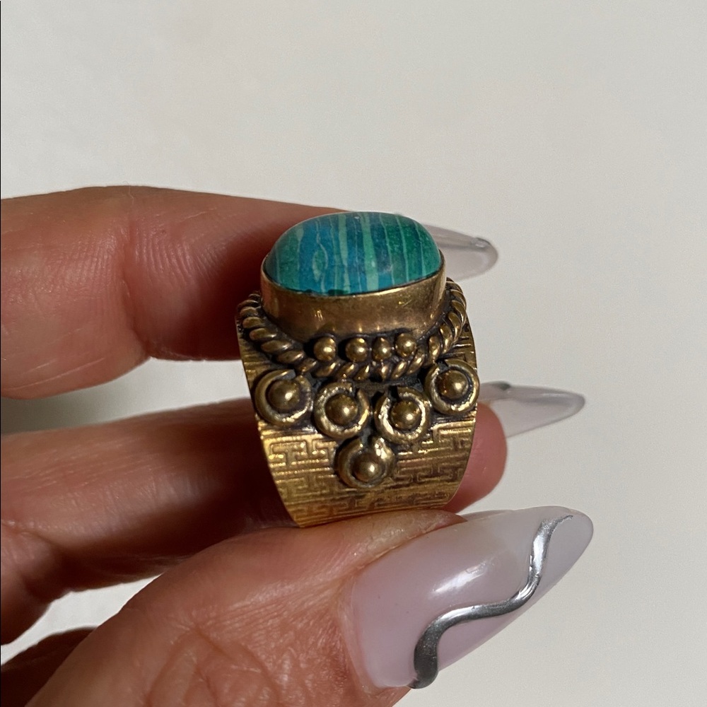Gold And Malachite Stone Statement Ring - image 4
